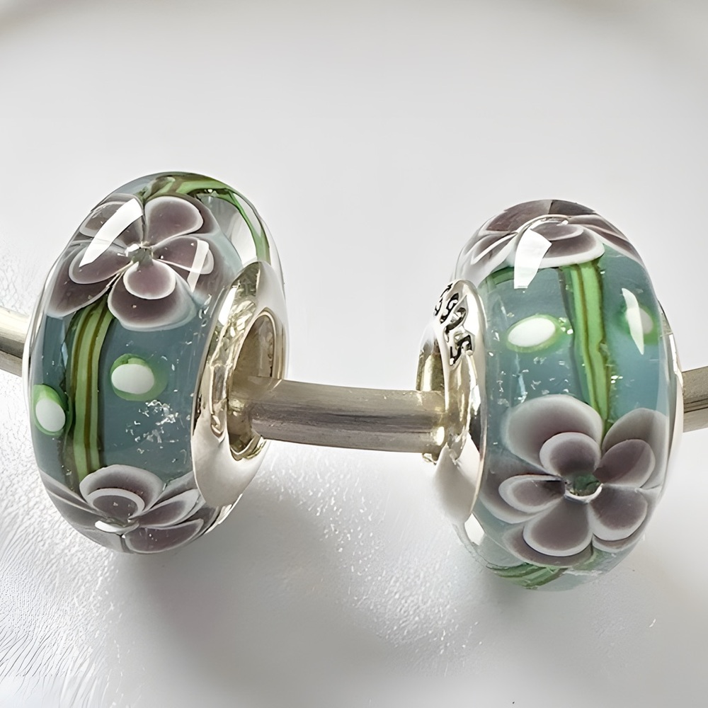 2 Charms for Pandora purple flower Murano charms 925 Sterling silver cores
